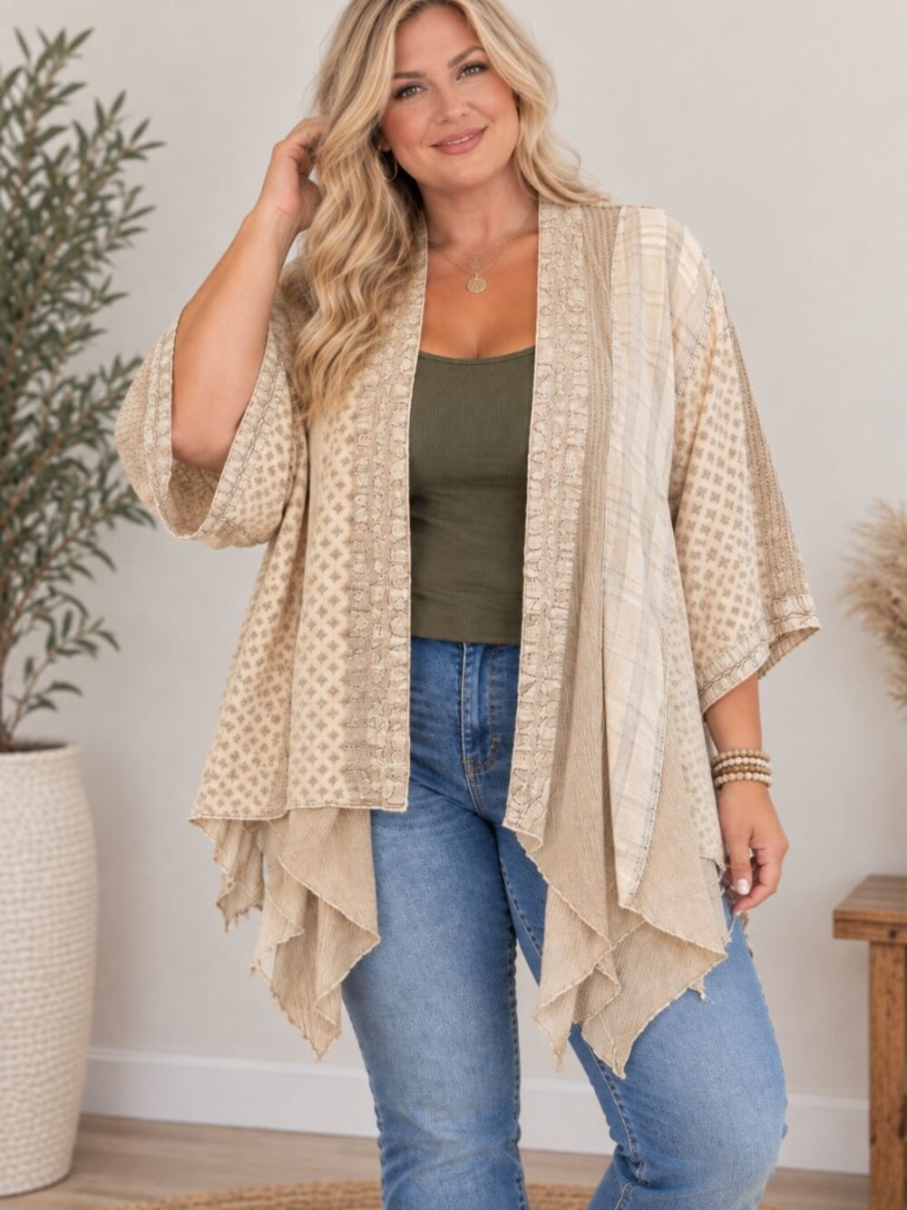 533. Women's Plus Neutral Beige Boho Patchwork Kimono Cardigan